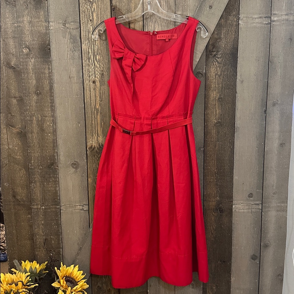 Red Fit Flare Dress Bow Belted Sleeveless Cocktail Wedding Guest Size 6